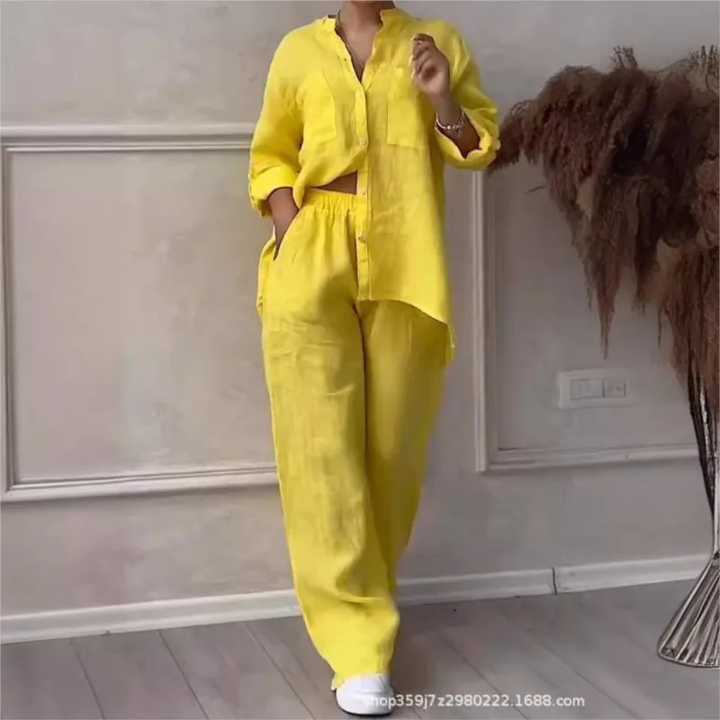 Casual Woman Spring And Autumn Cotton Linen Yellow V-neck Long Sleeved Button Up Shirt Fashionable Drawstring Pants 2-piece Set