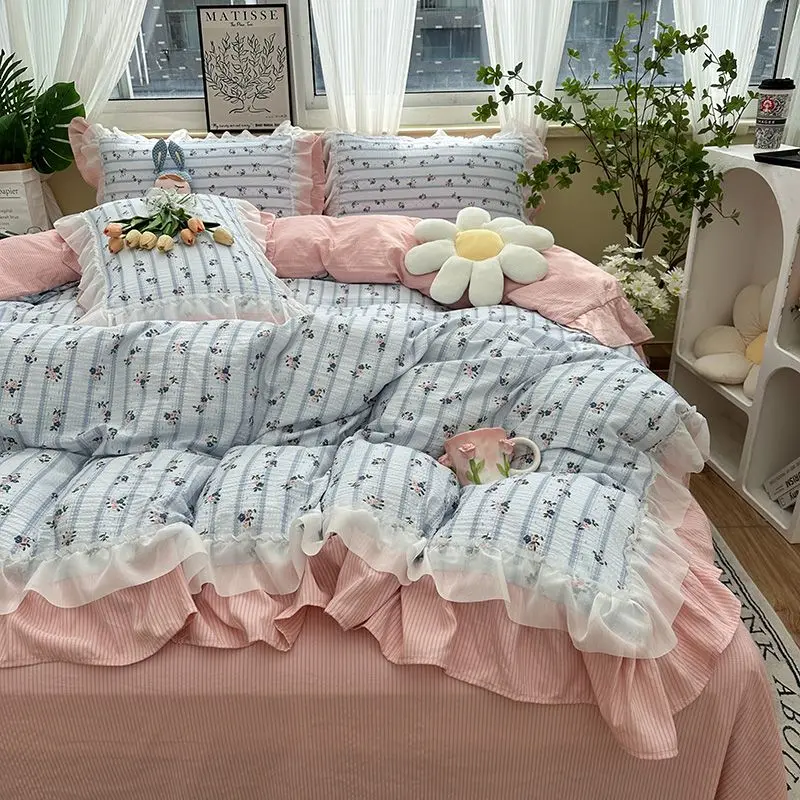 Imagem -04 - Romântico Flores Francesas Bedding Grupo Renda Ruffles Lavado Algodão Duvet Cover Lençol Flat Fronhas Meninas Casais Roupa de Cama