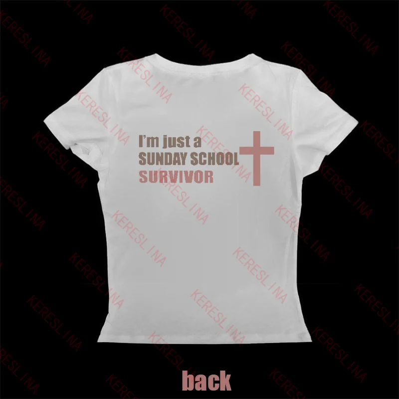 cute Double Sided Printed Women's T-Shirt Punk Cross Retro Y2K American Style Sexy Crop Top Hip Hop Emo Girl Harajuku Streetwear