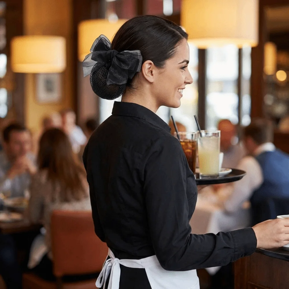 

Sweet Elegant Bowknot Net Bun Snood Vintage Satin Gauze Women Spring Clips Convenient Crochet Hair Clips Office Ladies