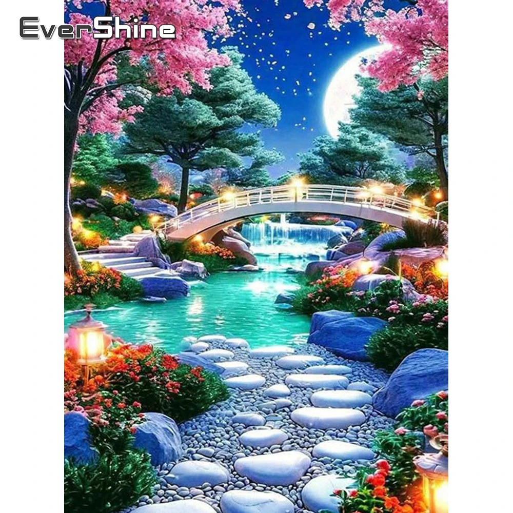 Evershine Diamant-Mosaik Baum Vollquadratische Diamantmalerei Landschaftsbild Strass-Bild Stickerei Brücke Wanddekoration