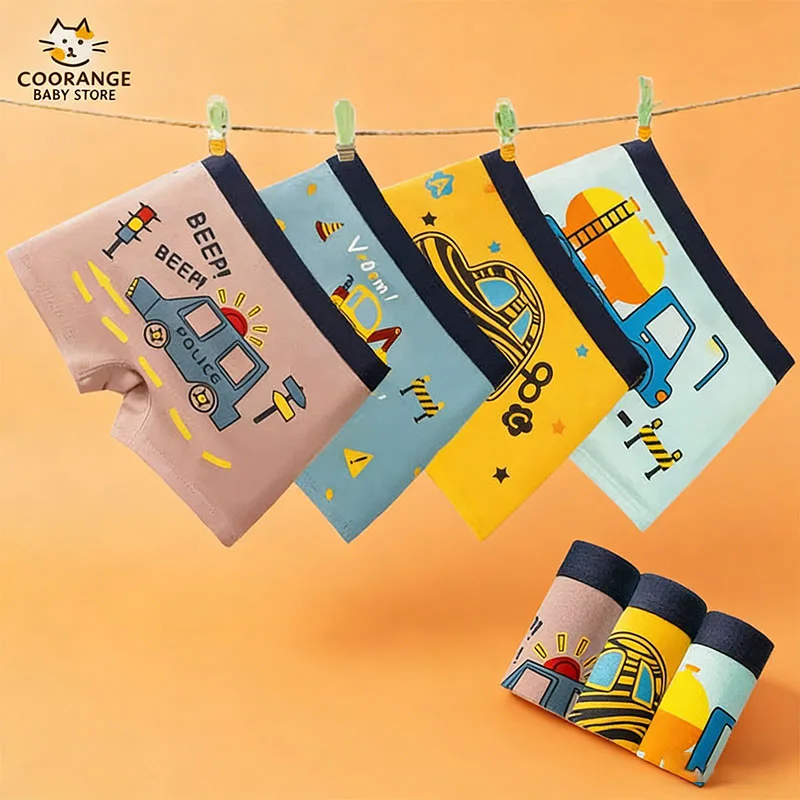 4-Piece Cotton Boys Boxers Briefs Car Truck Pattern Print Toddler Boy Boxer Briefs Soft And Breathable Children Trunk Underwear