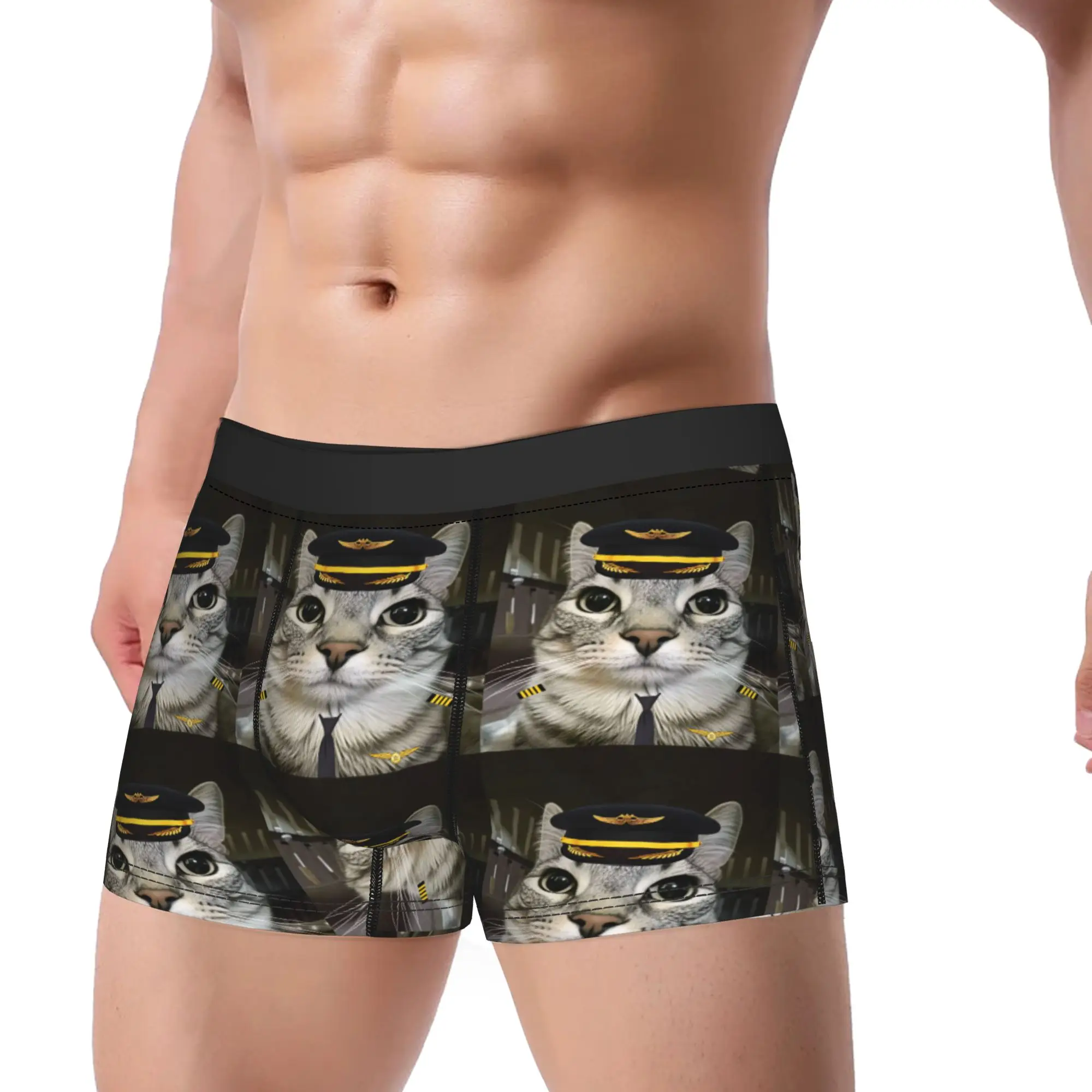 Funny Airline Captain Cat Underwear  Novelty Underpants Pattern Boxer Brief For Men Pouch Oversize Boxer Shorts