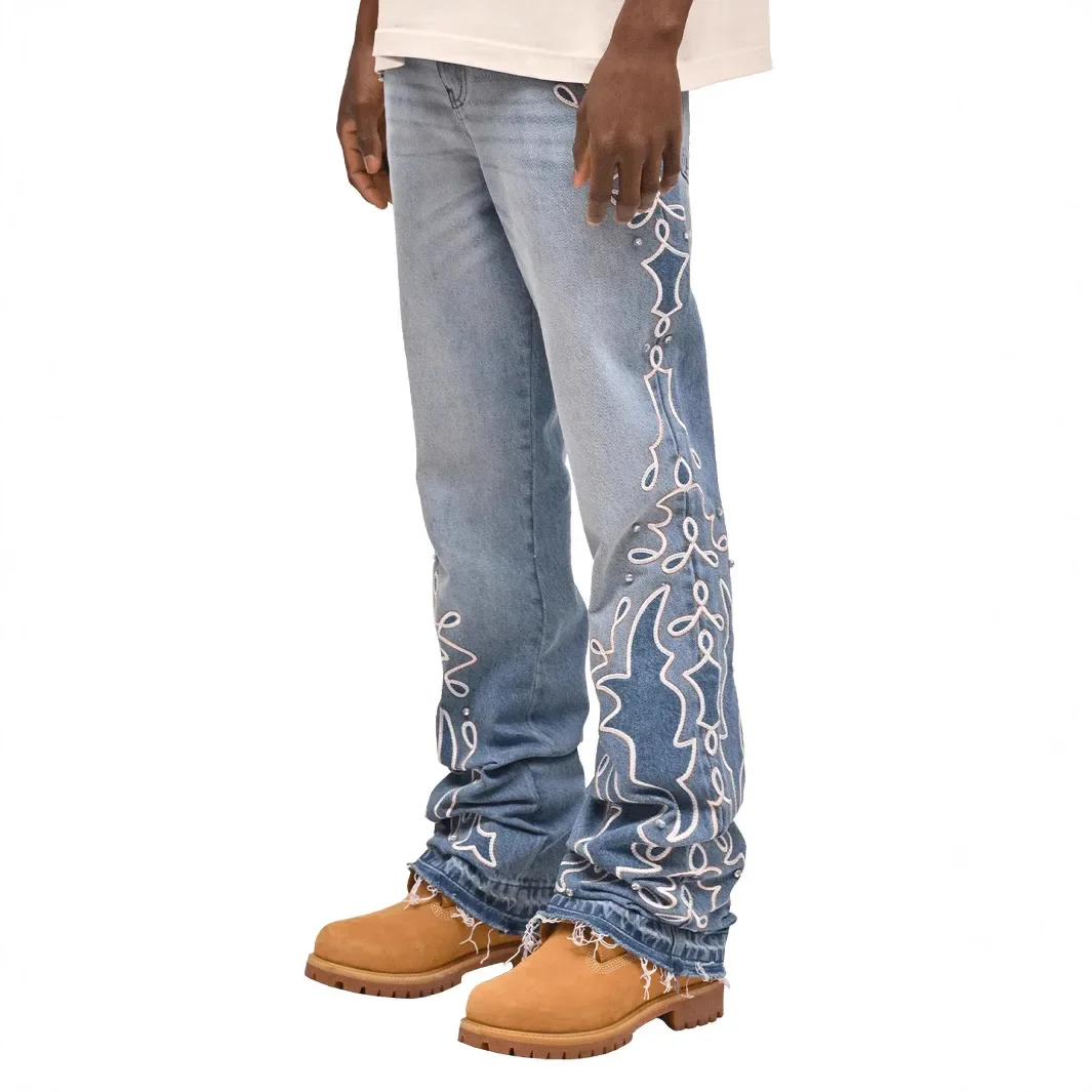 

New Men's Blue Gradient Wide Leg Jeans, Y2k Fashion Embroidered Diamond Set Long Jeans By Jeans Man Brand