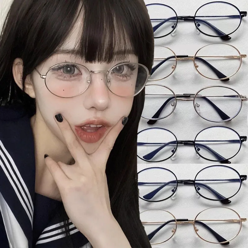 Japanese New Retro Oval Glasses Frame for Women Lovely Ins No Makeup Plain Glasses Men Eyewear Cute Decorative Computer Glasses