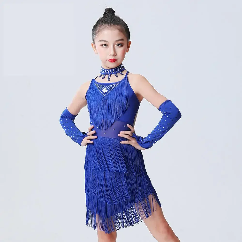 Nappe con frange di diamanti Abito da ballo latino per ragazze Bambini Abito latino Costume da ballo Costume professionale Salsa Rumba Cha Tango