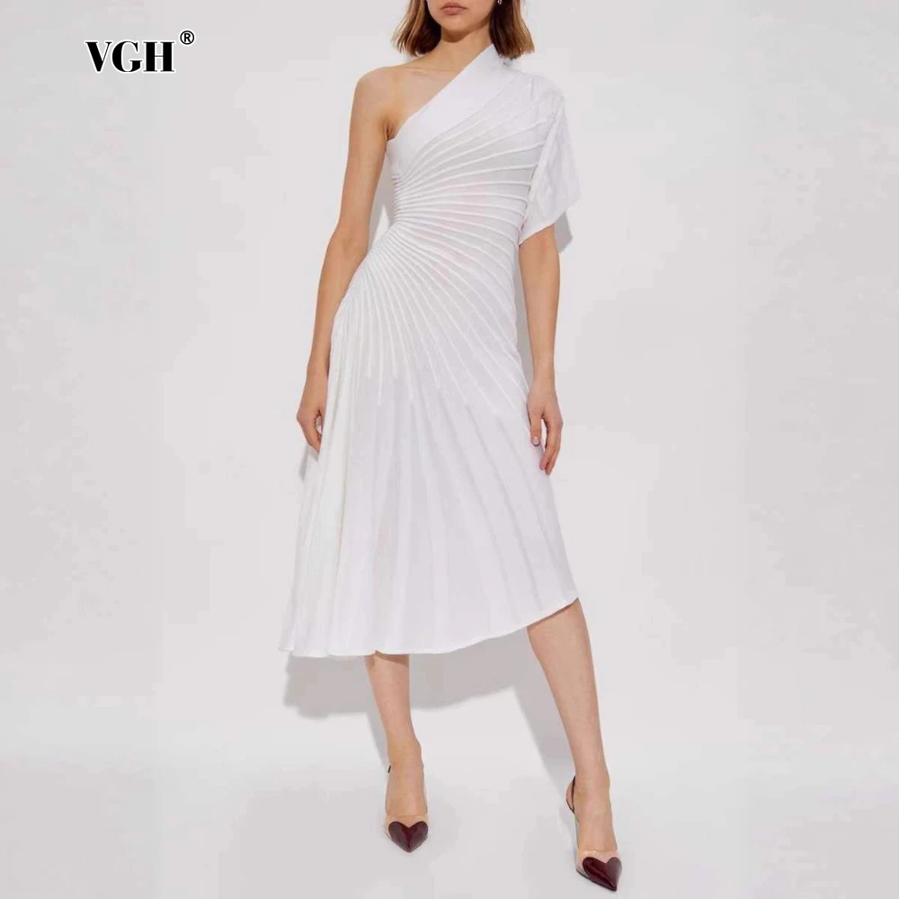 

VGH Slimming Irregular Pleated Dress for Women Diagonal Collar Off One Shoulder Flare Sleeve High Waist Elegant Dresses Female