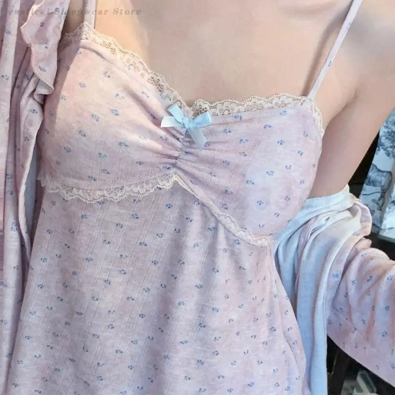 

Pink Floral Summer New Sleepwear 3 Pcs Cami Shirt & Pant Set Nightwear Soft Sexy Novelty Home Wear Chinese Casual Home Wear