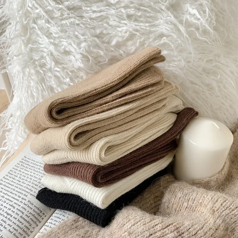 Cashmere Wool Woman Socks Solid Cream Color Harajuku Retro Long Socks Women Girls Thermal Crew Sock Calcetines Mujer