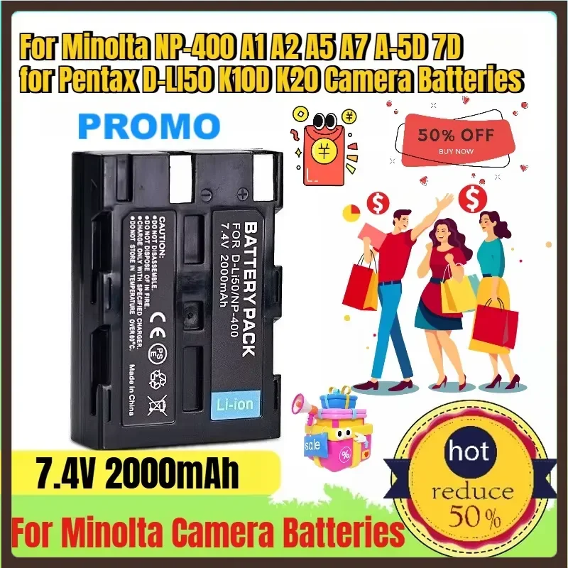7.4V 2000mAh for Minolta NP-400 A1 A2 A5 A7 A-5D 7D for Pentax D-LI50 K10D K20 Camera