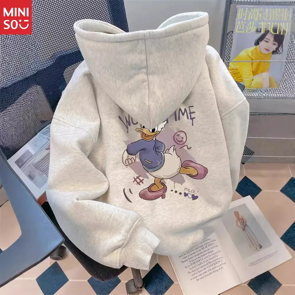 

Disney Grey Lazy Wind Donald Duck Printed Sweater Women's Autumn and Winter Silver Fox Fleece Thickened Large Size Hooded Jacket