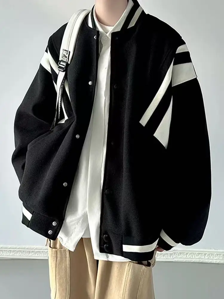 

Casual Sle Men's Baseball Jaet Autumn Winter New Loose Fit Teenager High Street Woolen Coat Windproof Long Sve Polyest...