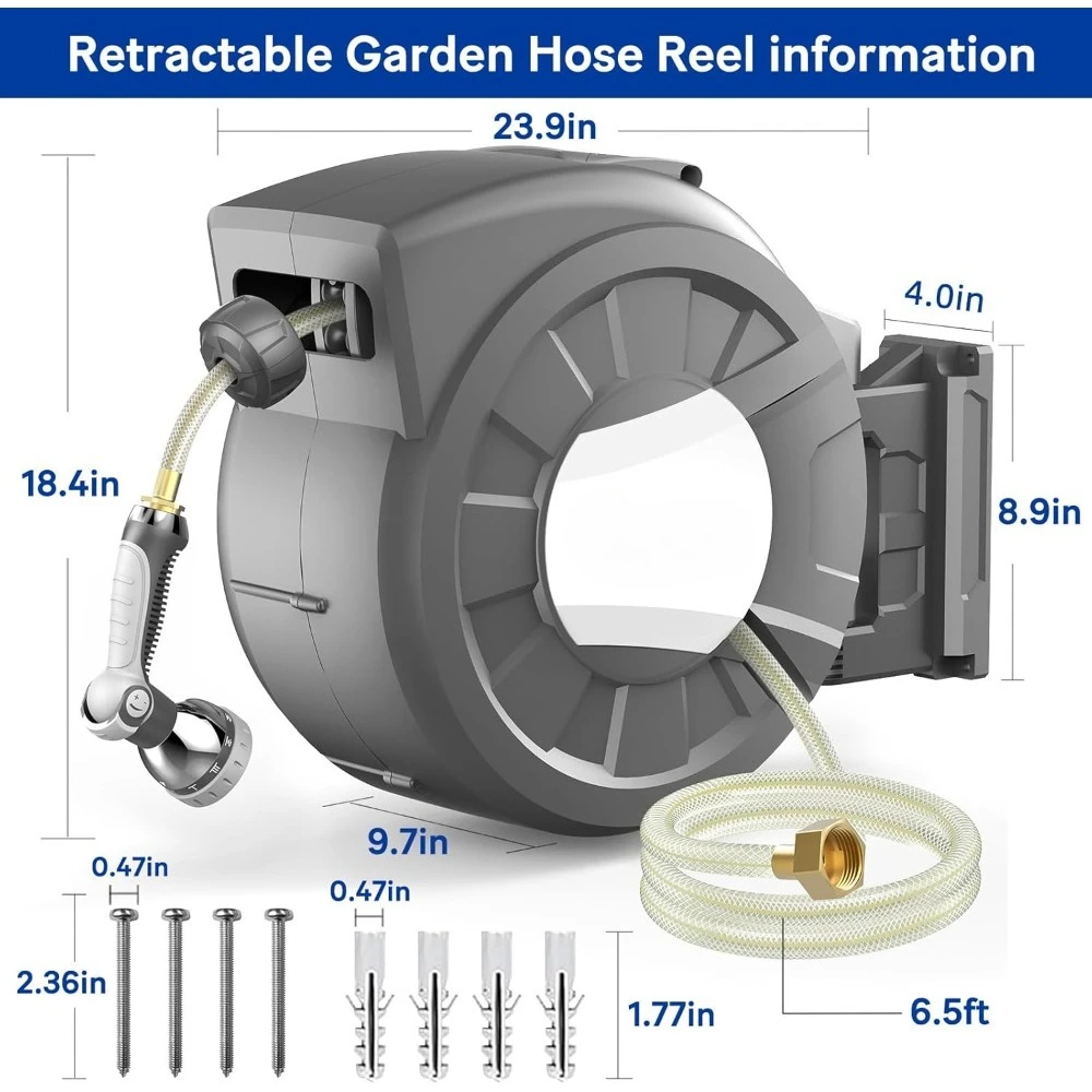 تصميم مبتكر - بكرة خرطوم حديقة قابلة للسحب، بكرة خرطوم مثبتة على الحائط 1/2 بوصة × 125 قدم، فوهة رش 10 أنماط، أي قفل بطول #2
