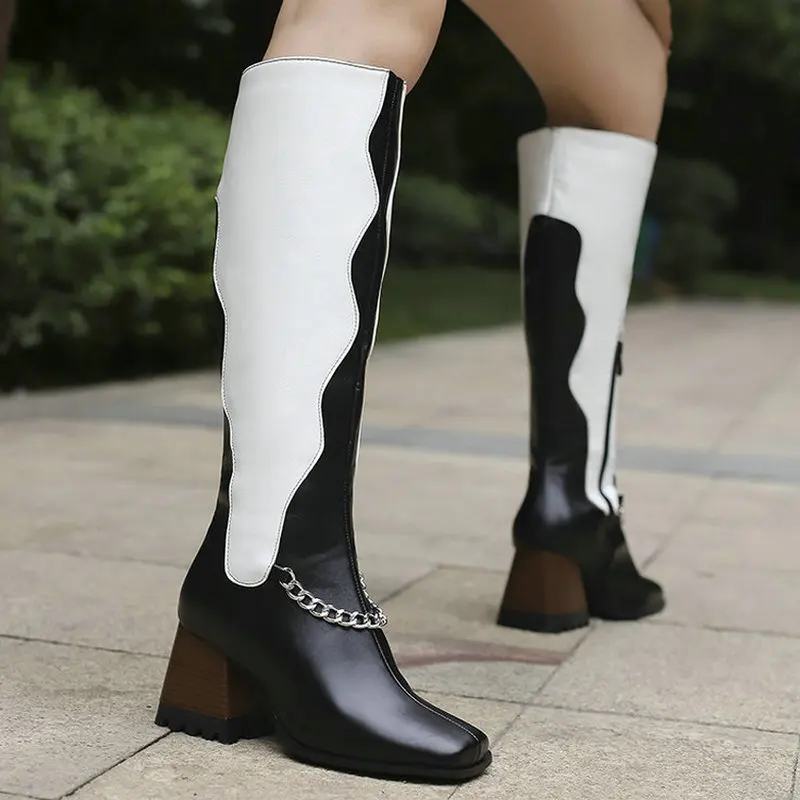 

2024 Women Knee High Boots PU Leather Thick High Heel Ladies Calf Boots Fashion Square Toe Side Zipper Dress Women Boots Big Siz