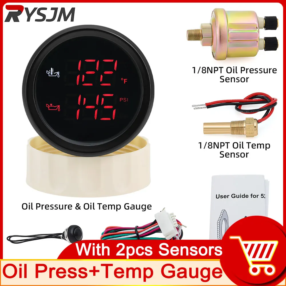 2 IN 1 Oil Pressure +Oil Temperature Gauge 52mm Gauge Red LED Digital Meter + Oil Press Oil Temp Sensor for Car Boat 12V 24V