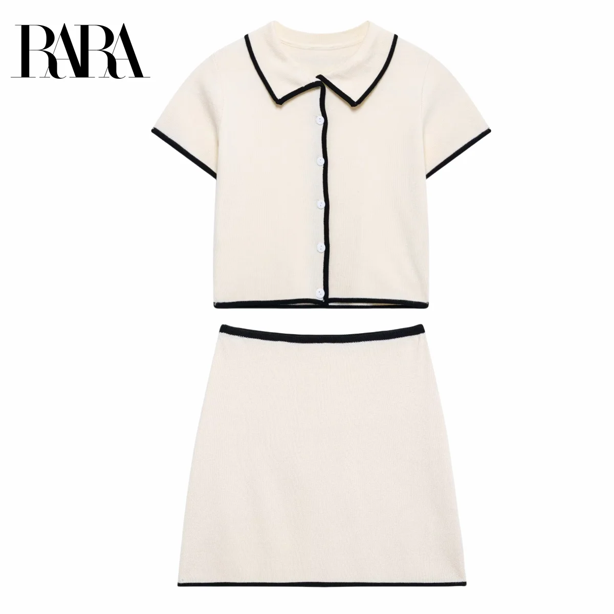 

RARA Womens Trim Decoration Knit Crop Top and Bodycon Skirt Set Stylish Collar Button Detail Short Sleeve Ladies Fashion