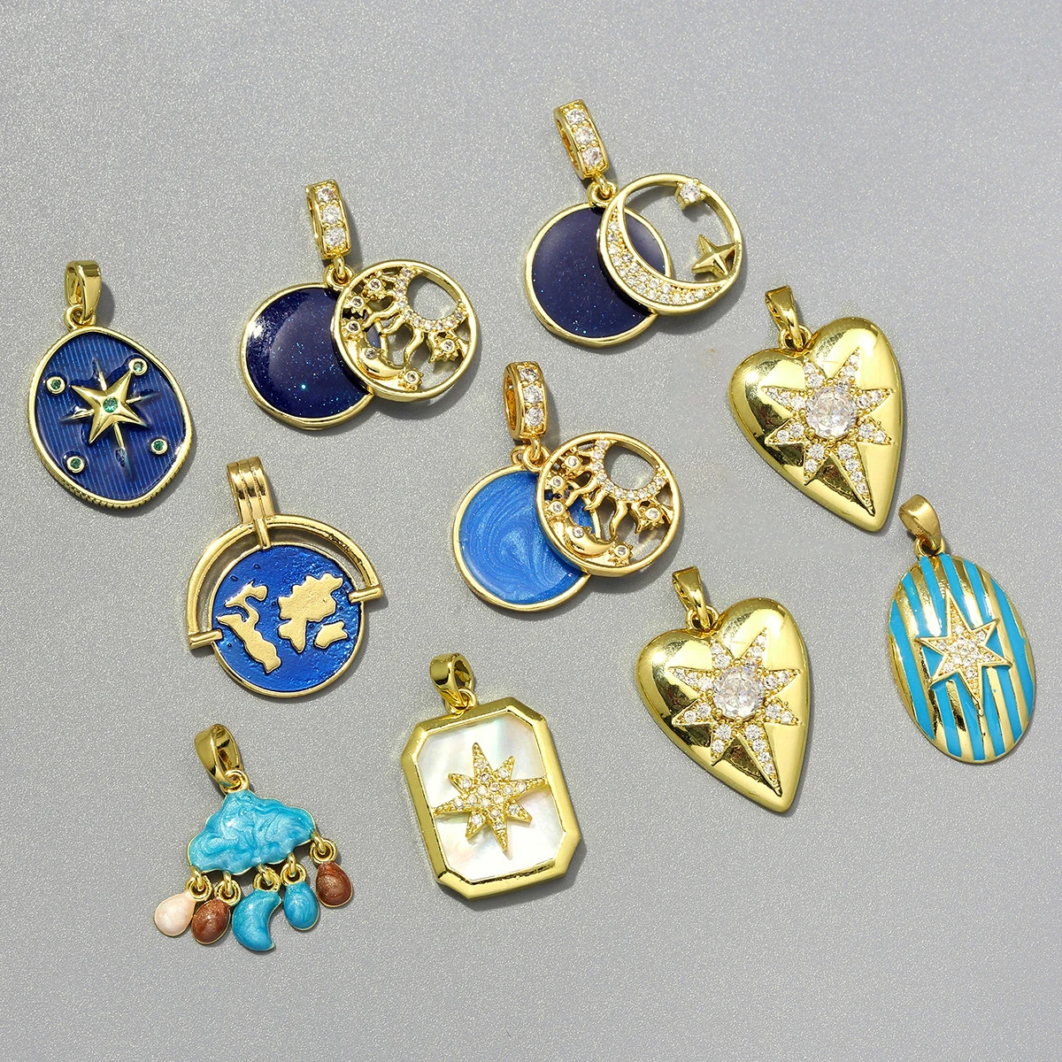 3pcs/Lot Copper Enamel Cloud Globe Earth DIY Charms Zircon Moon Star Necklace Pendants Woman Sun Heart Jewelry Wholesale