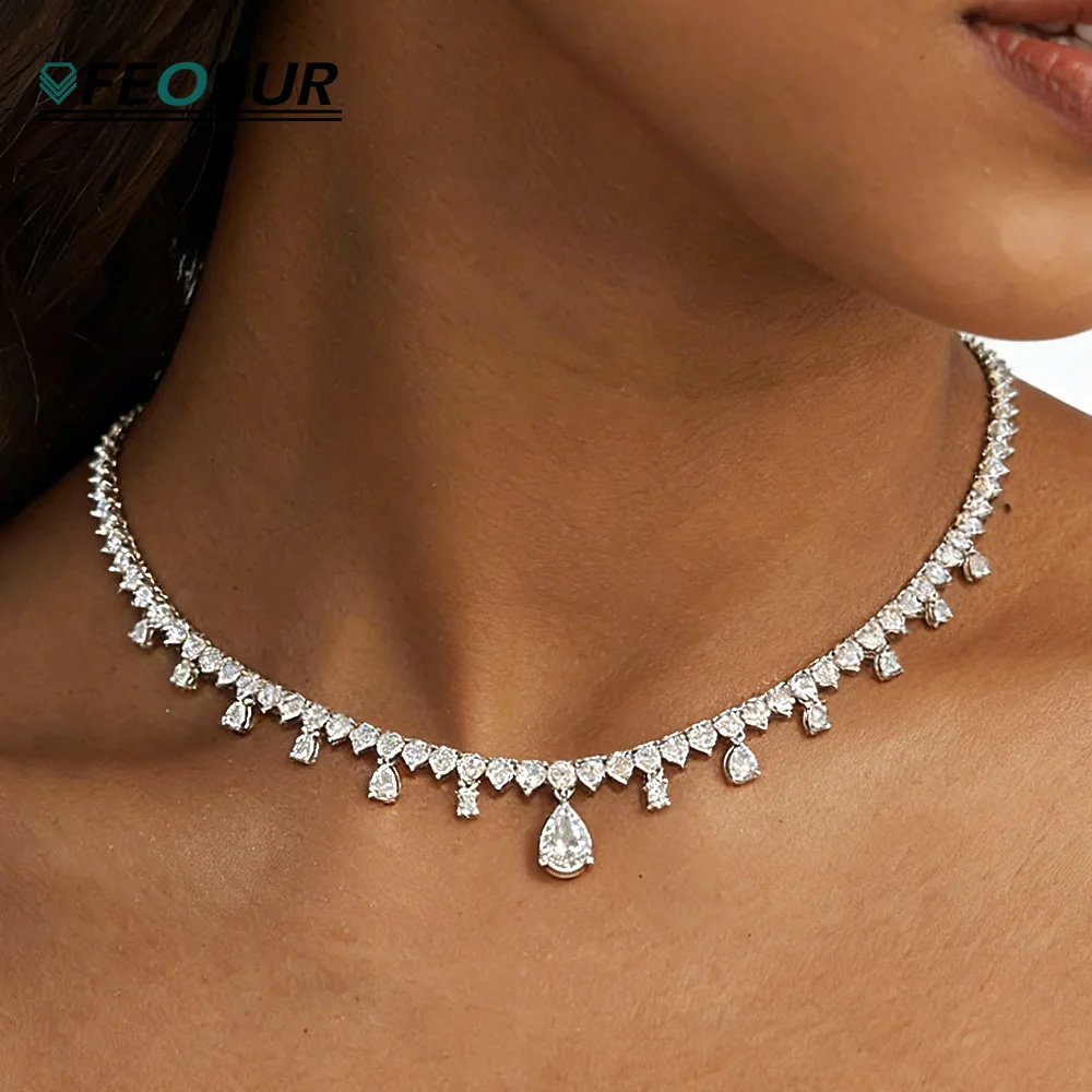 

Full 3MM Moissanite Tennis Necklace with Pear Pendant 925 Sterling Silver Tassel Lab Diamond NeckChain for Women Wedding Jewelry