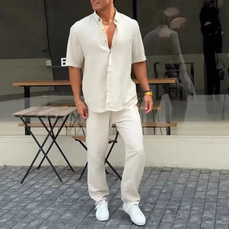 

European and American Men's Casual Short-sleeved Two-piece Set, Summer Cardigan, Versatile Solid Color Top Men's Suit Fashion