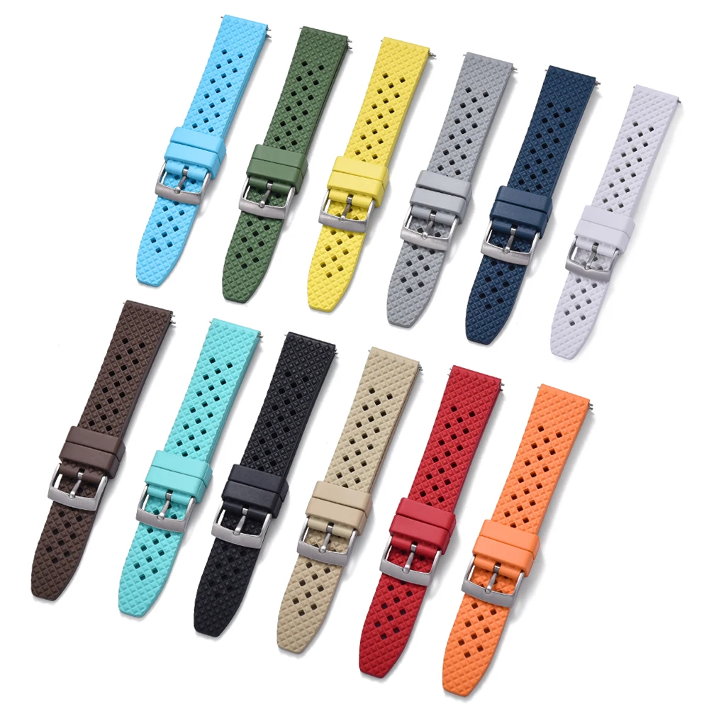 20mm 22mm Fluorine Rubber Watch Strap Quick Release Multi‑Hole Adjustable Flexible Replacement Watch Band Sport Wristband