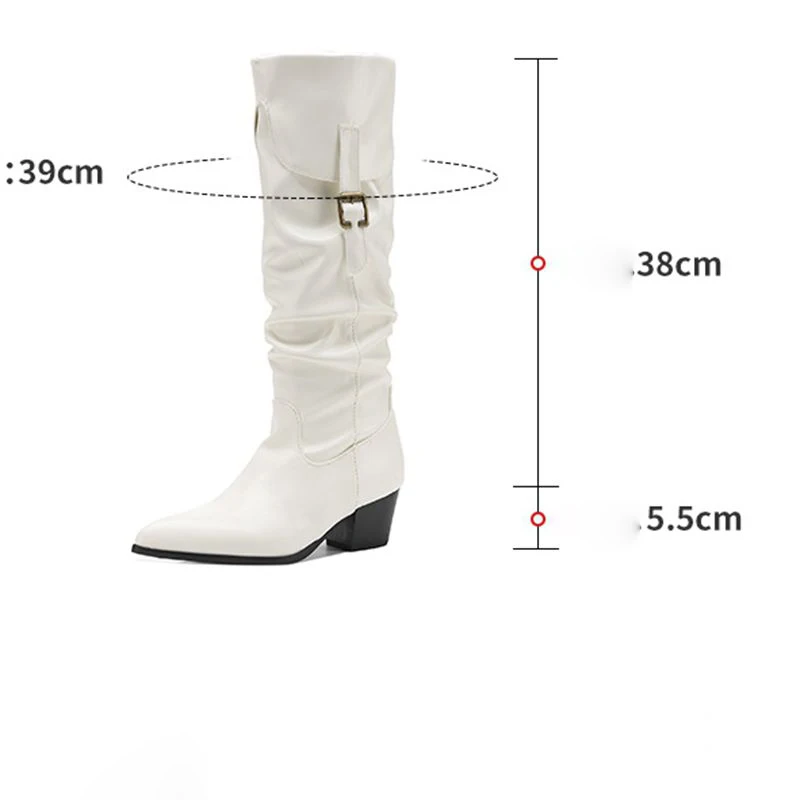 SIMLOVEYO Red Women Knee High Boots Pointed Toe 5.5cm Block Heel Slip On Belt Buckle Plus Size 41 42 43 44 Fashion Dating Botas