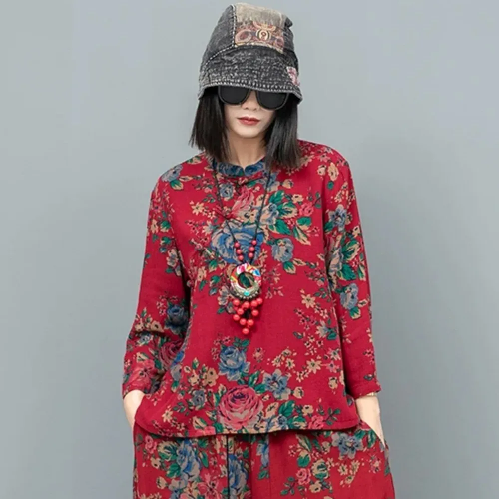 

Женская футболка с длинным рукавом, большой Топ с цветочным принтом и пряжкой на воротнике, LX1122, весна-лето 2024