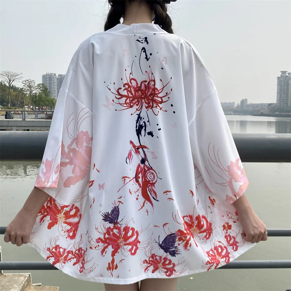 Kimono de plage blanc pour femmes, imprimé floral japonais Haori Obi, ceinture, vêtements traditionnels