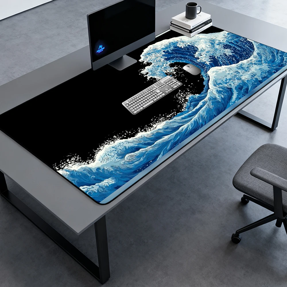 Ocean Desk Pad Large Gaming Mat 140x60cm Pc Accessories Premium Stain Resistant Home Office Workspace Beige White 1800mm