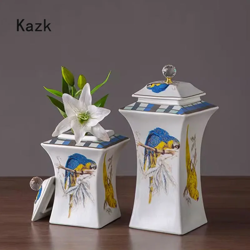 

European Style Flowers Birds Ceramic Vase Light Luxury Modern Home Crystal Square Jar Dried Flower Vase Living Room Decoration