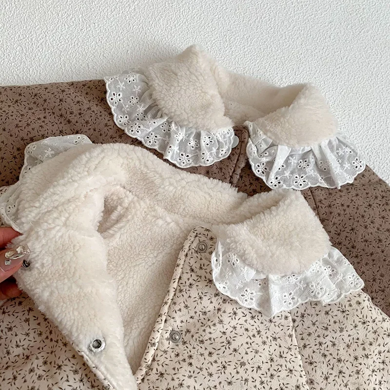 MILANCEL New Floral Flannel Padded Baby Rompers Fur Lining Girls Jumpsuits Floral Fleece Thicken Toddler Clothing Jumpsuit