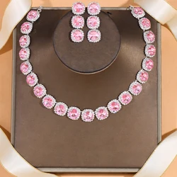 XSBODY Round Rhinestone Wedding Neckalce Earrings Set for Women Bridal Accessories Pink Crystal Indian Jewelry Set Birthday