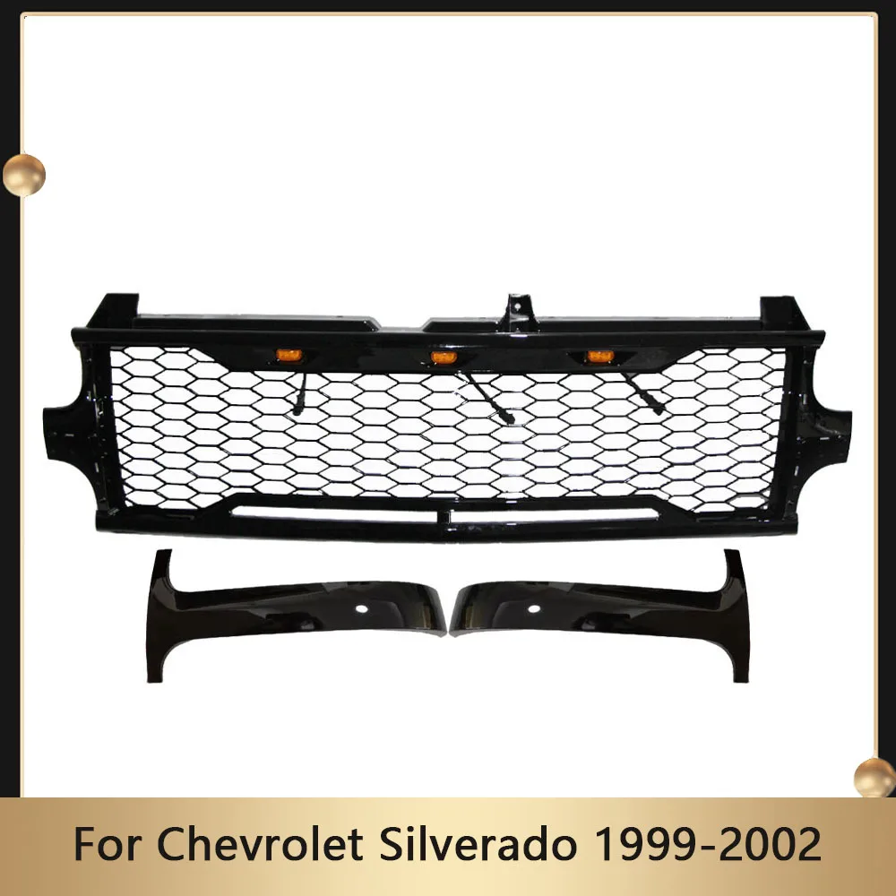 

Modified Car Front Bumper Grille With LED Light For Chevrolet Silverado 1999-2002 Racing Grills Hood Upper Grid Gloss Black