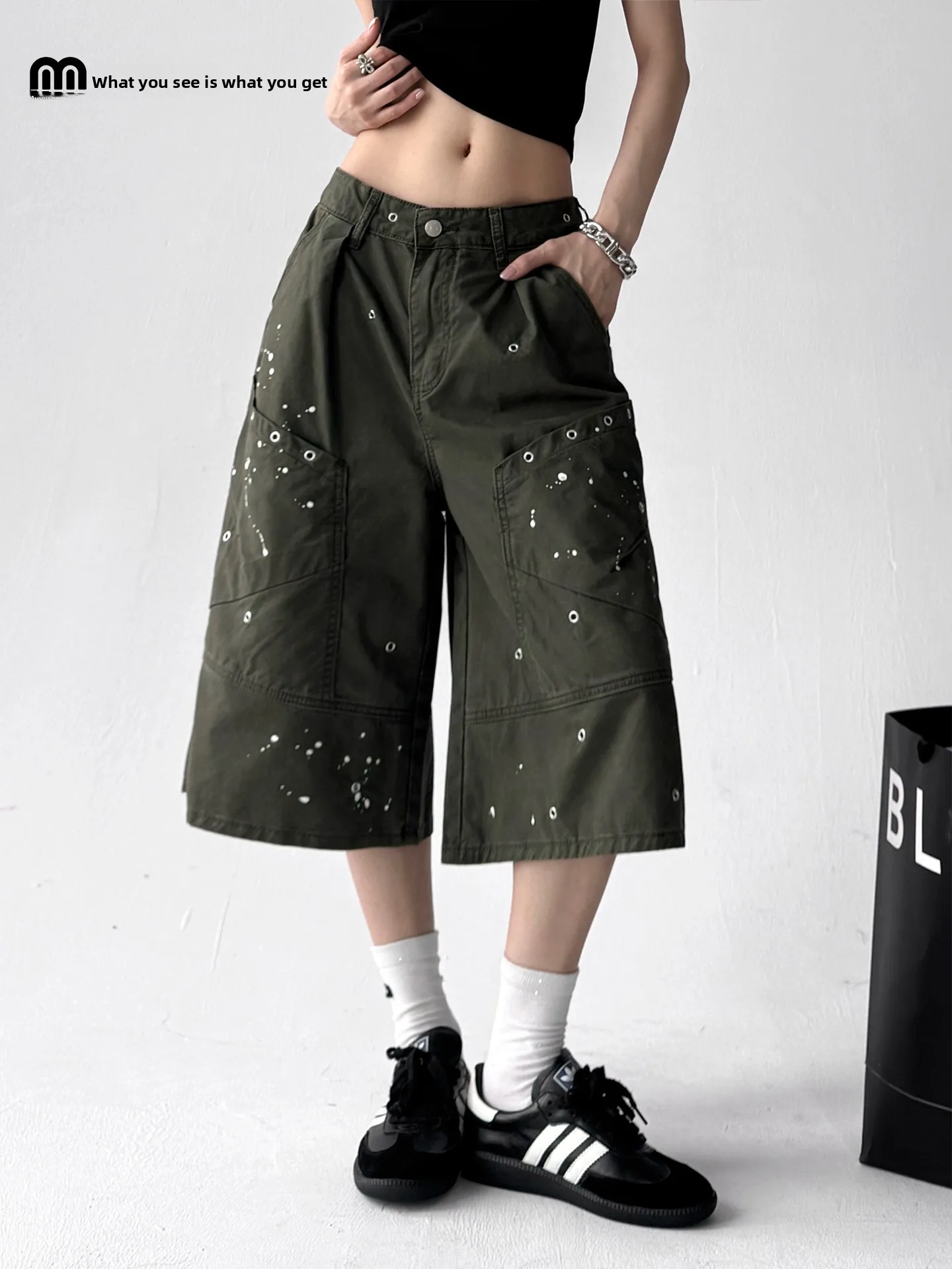 

Ретро-брюки в американском стиле с эффектом брызг краски, женские свободные брюки с высокой талией, широкие штанины, корейский стиль, повседневные брюки средней длины