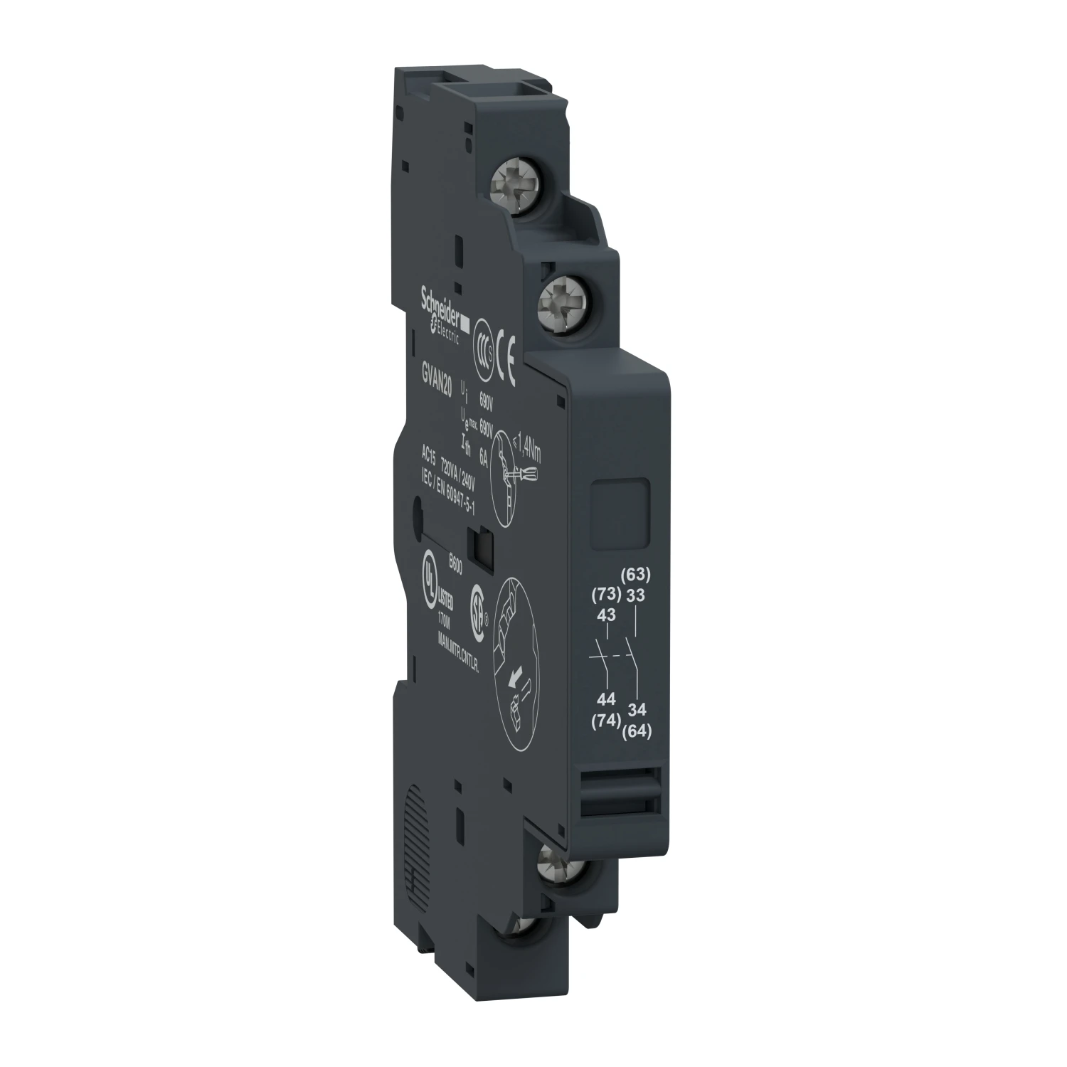 Add-on contact block , Deca Frame 2/3,2NO,side,for GV2/GV3(except GV3ME) GVAN20