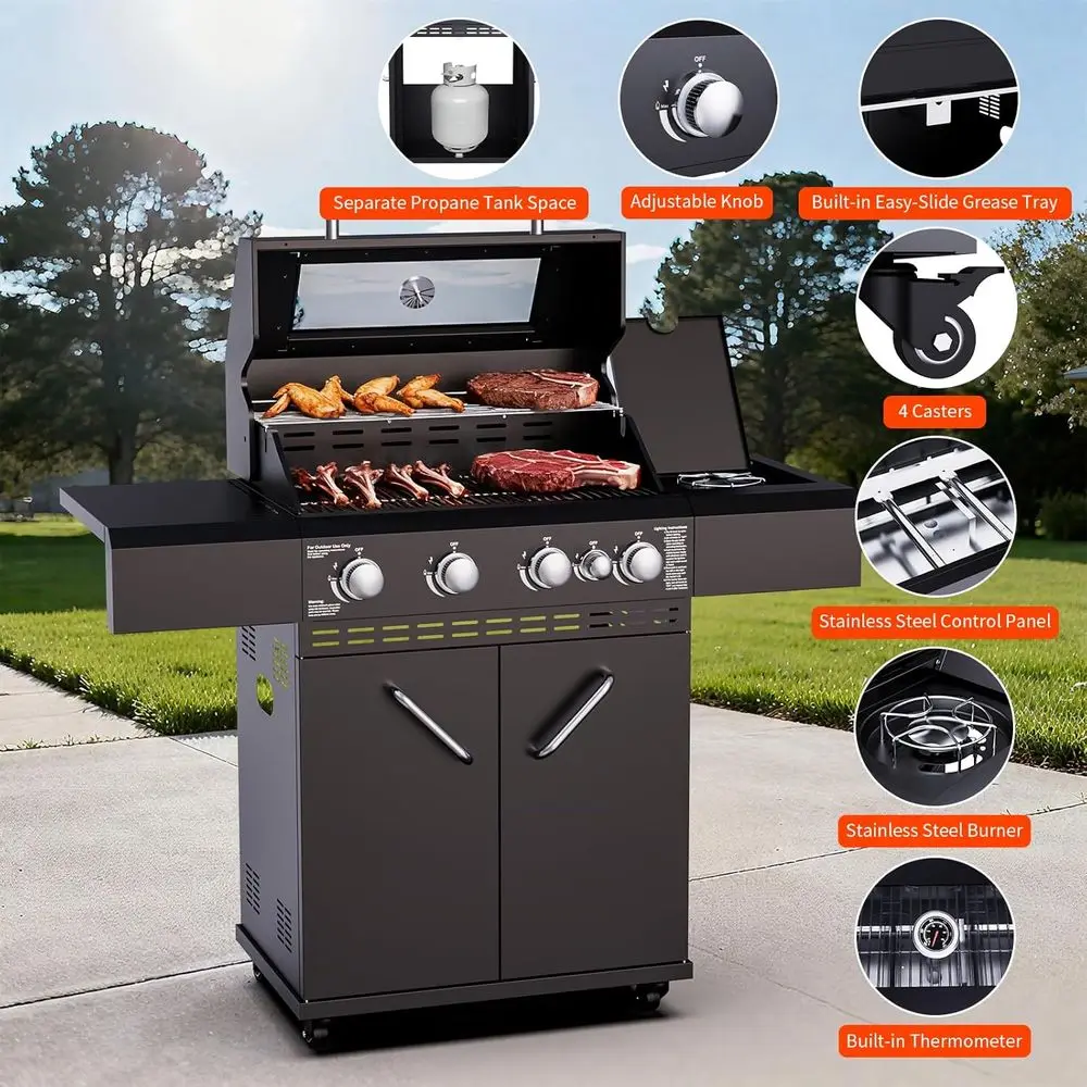 Double-Layer Lid Propane Gas Grill with Side Burner, Stainless Steel Grate, Ideal for Outdoor, Patio, Camping, Backyard BBQ