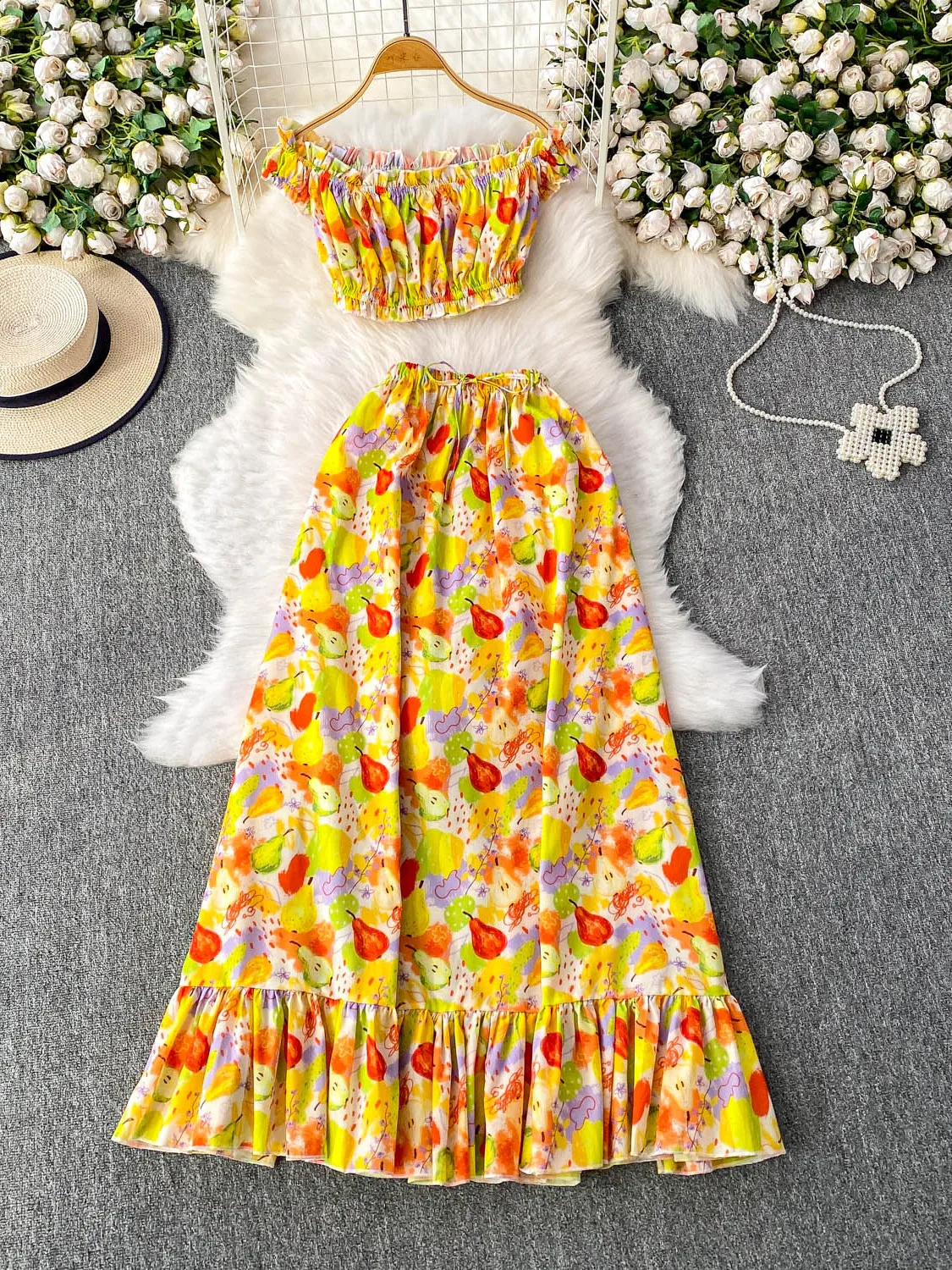 

Vaion Sle Dopane Sweet Small Print One oulder ort Folded Hem High Waist Pleated Long Skirt Set Women's Faion