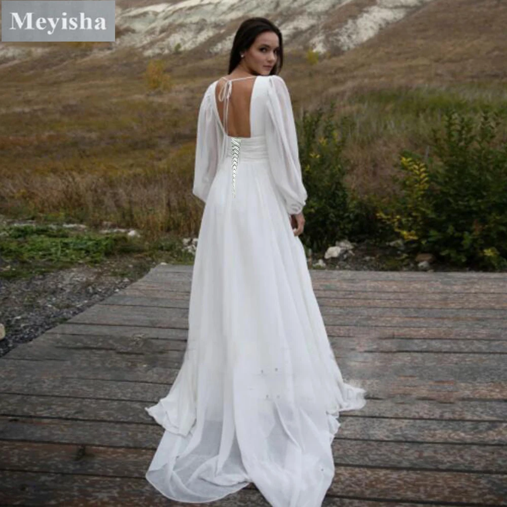 カスタマイズされた ZJ6024 クラシック A ラインシフォン長袖ウェディングドレス 2025 ヴィンテージコルセットビーチブライダルドレスレースアップバック