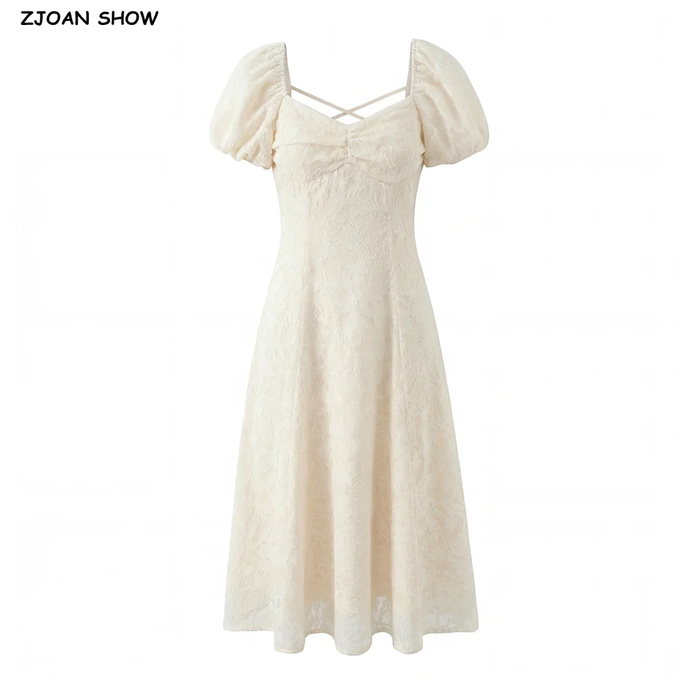 

Женское платье миди с жаккардовым узором, 3D цветочным кружевом, рукавами-фонариками, сексуальным перекрестным шнурованием и бандажной спинкой, расклешенное, Vestidos Robe