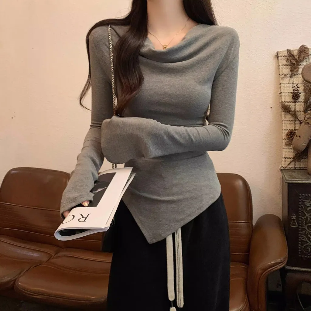 Damen Slim Fit Langarm-Oberteil mit Wasserfallausschnitt, Schulterfreies Design, Unregelmäßiger Saum, Bodycon-T-Shirt, Lässige Y2K Streetwear Bluse – Detail 5