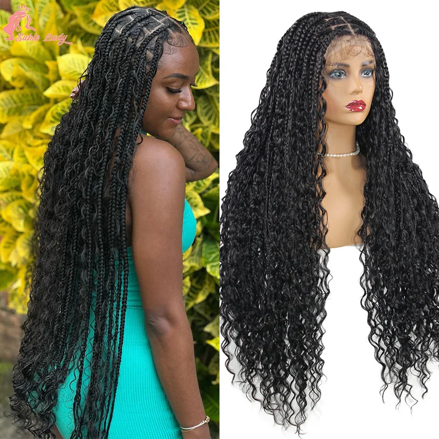 

Boho Box Braided Wigs For Women Synthetic Knotless Square Part Box Braids Wig Baby Hair Braided Full Lace Front Wig Curly Ends