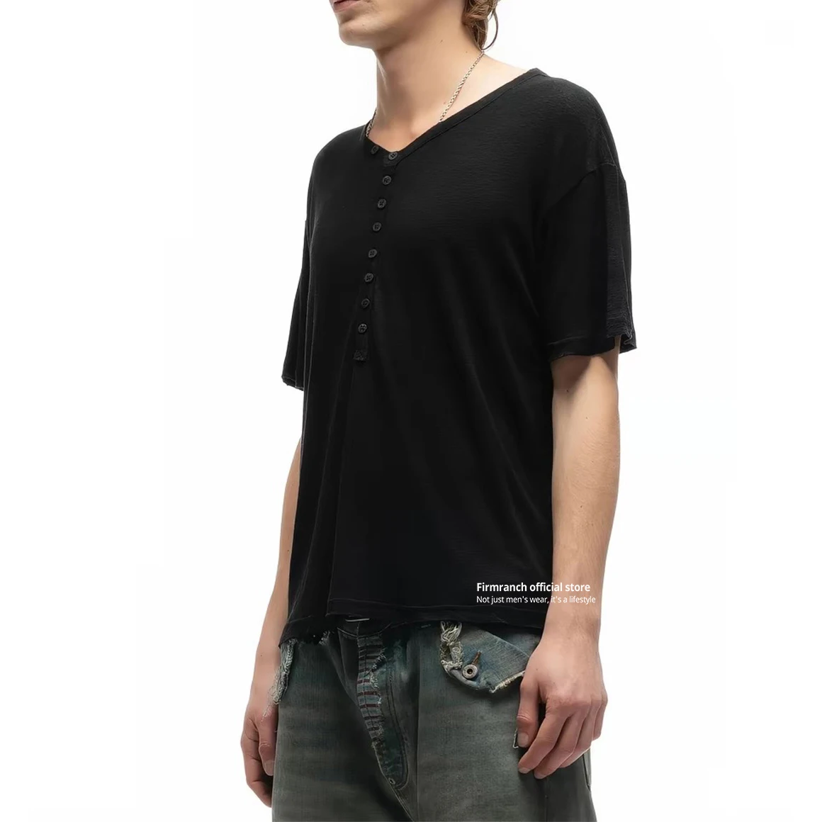 Firmranch Summer Button Henley Collar Old Money Style Minimal Basic Raw Edge Breathable Short Sleeve Layering Tee For Men Women