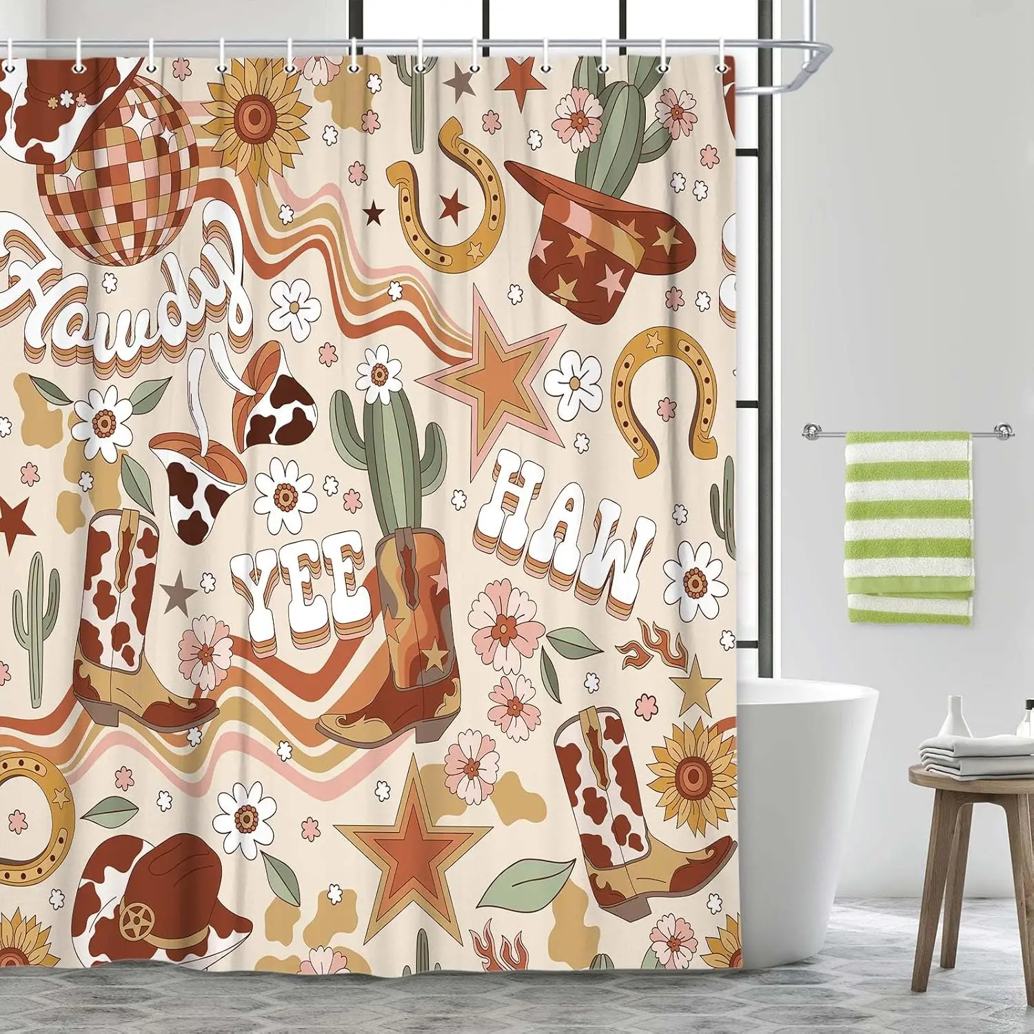 Cute Western Shower Curtain, Retro 70s Hippie Floral Cowgirl Disco Cowboy Hat Boots Cactus Leopard Mushroom Funky Bathroom Decor
