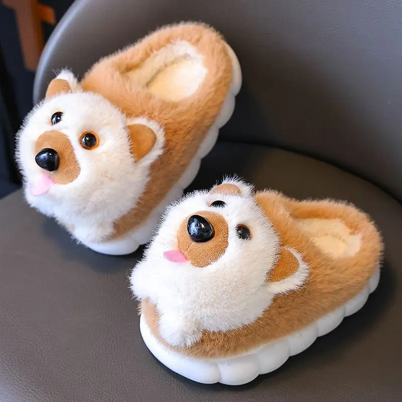 New arrival cuddle furry puppy slides girl home slippers cartoon mules children's animal design cute dog toddlers slippers boys