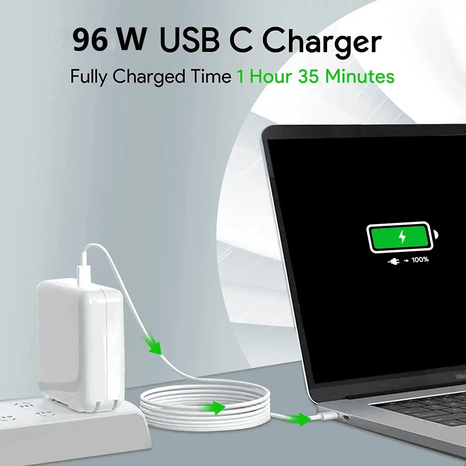 شاحن كمبيوتر محمول سريع USB C بقدرة 96 وات متوافق مع جميع أجهزة شحن USB C، يشمل كابل شحن بطول 2 متر