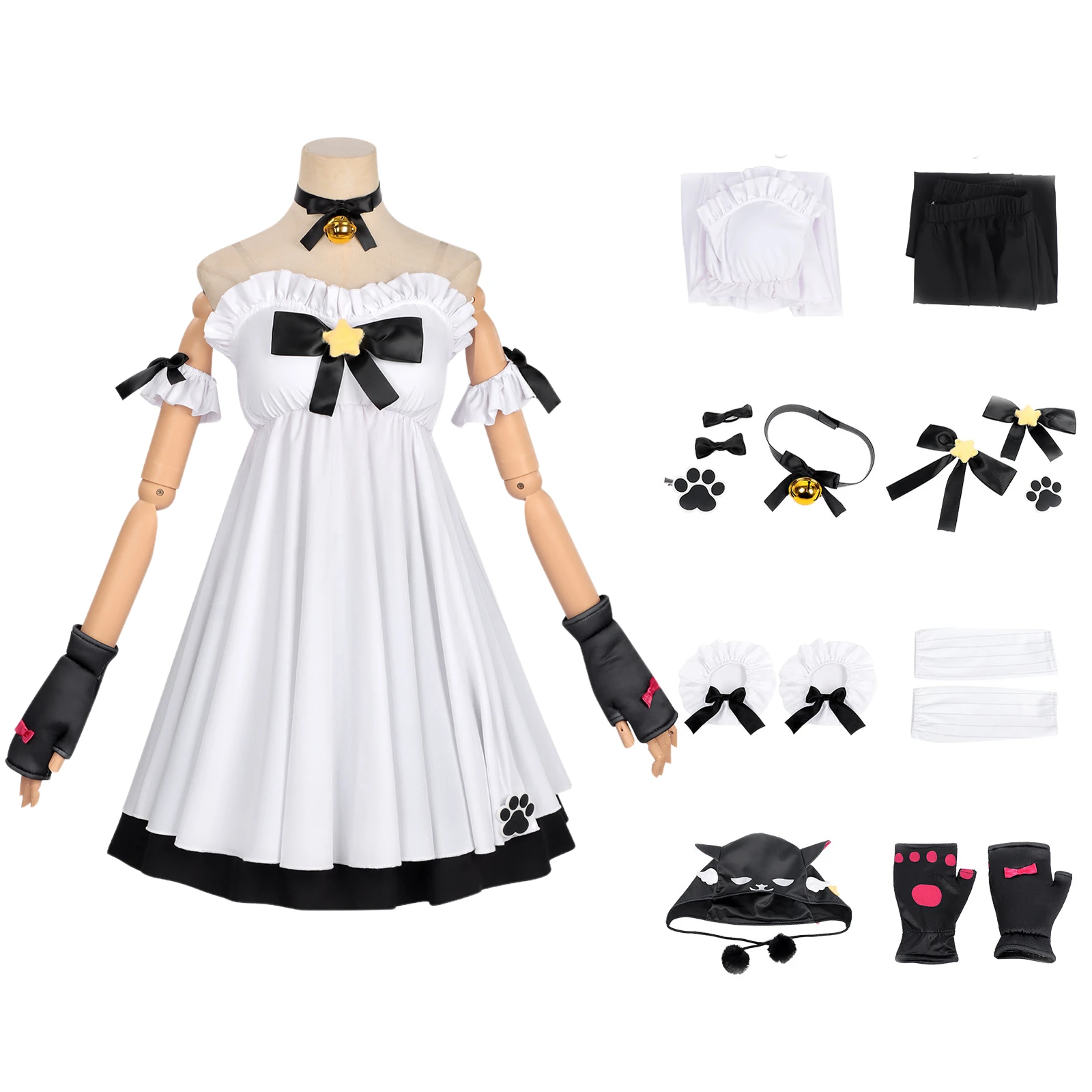 Soaring Tiger Nanally Collins Cosplay Costume Anime Cat Girl White Dress Lolita Maid Mini Dress with Accessory Set for Halloween