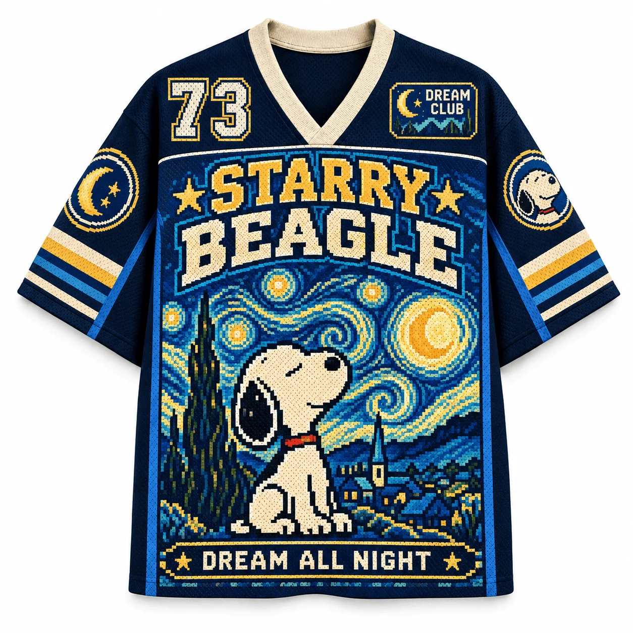 Peanut Comics Snoopy Starry Night Theme Mesh V-neck Shirt for Men and Women Van Gogh Starry Night Cartoon Pixel Illustration