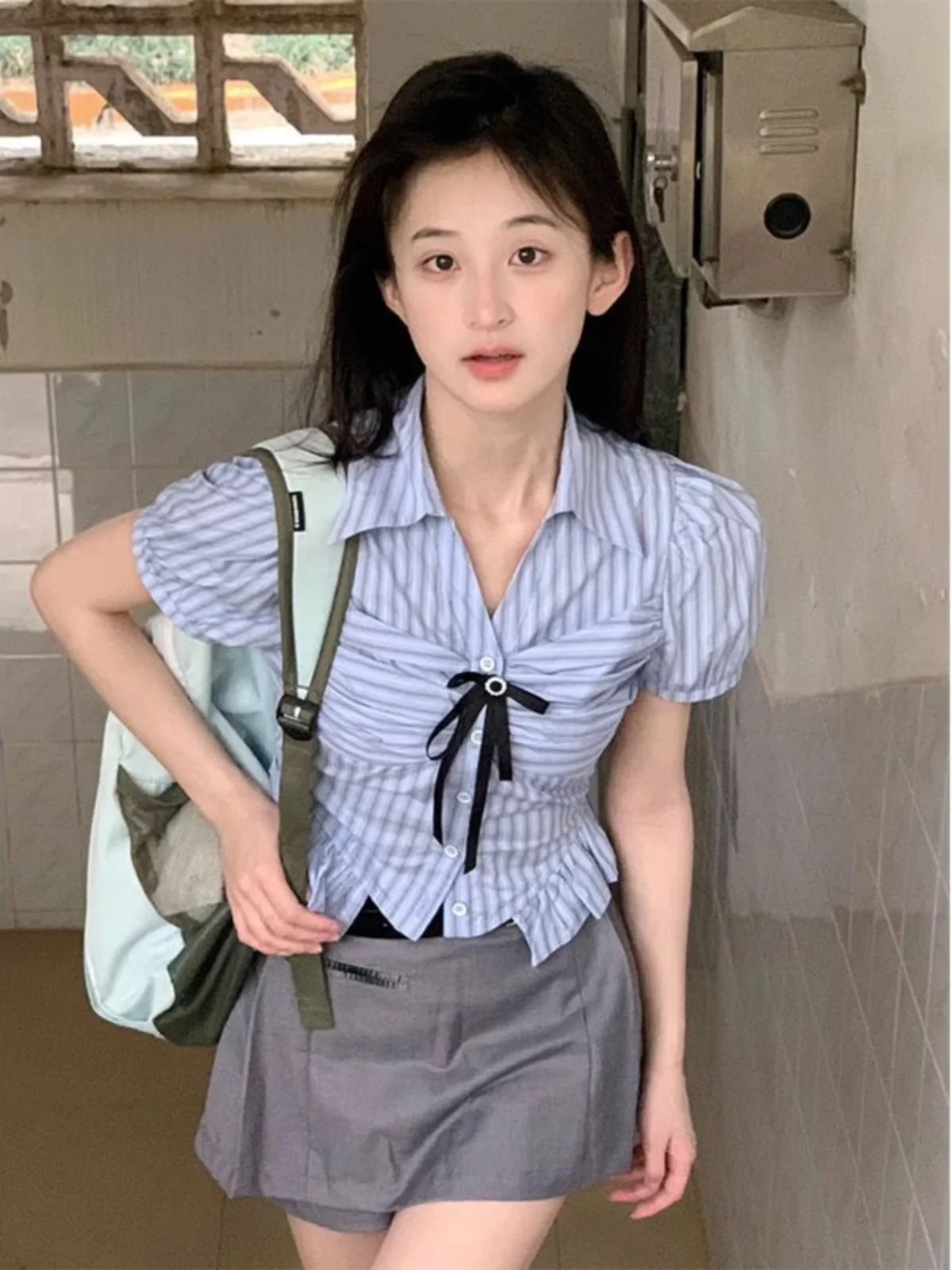 

Chic Summer 2024 Women's Striped Shirt And Skirt Set Short Sleeve Elegant College Style Fashionable Two-Piece Outfit