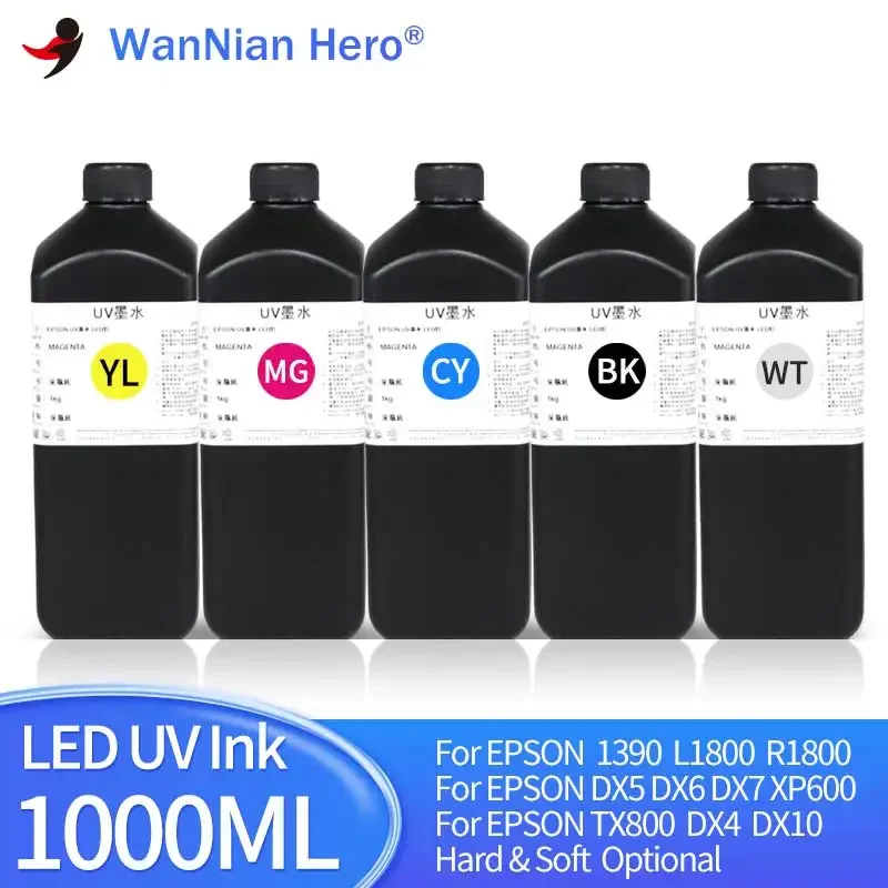 Tinta LED UV de 1000ML para cabezal de impresión Epson 1390, L800, L1800, L805, R1800, R1900, DX4, DX5, DX6, DX7, DX10, TX800, XP600