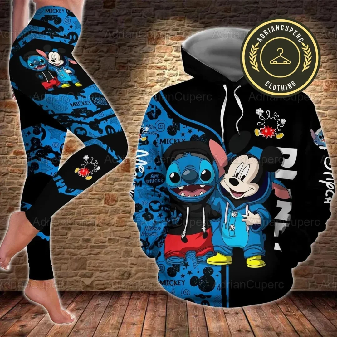 2024 Disney Stitch Christmas 3D Hoodie And Leggings Set Women\'s Disney Mickey Yoga Sweatpants Hoodie Fashion Sports Suit