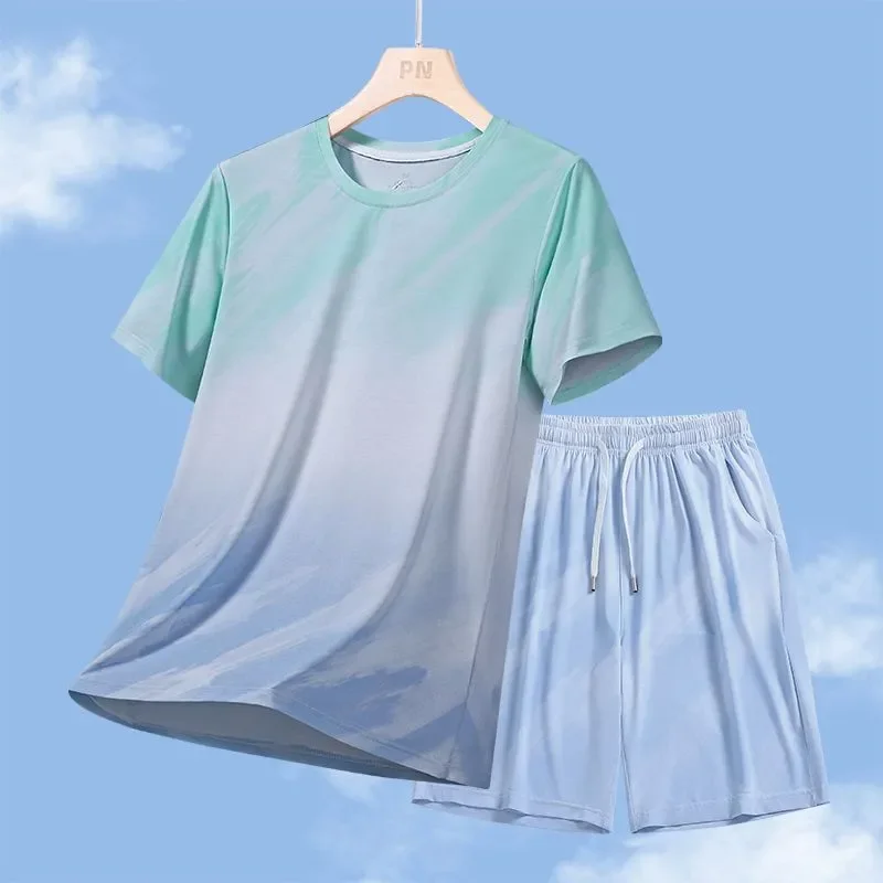 

Men's Gradient Short Sleeve T Shirt Quick Dry Ice Silk Shorts Summer Sports Two Piece Set